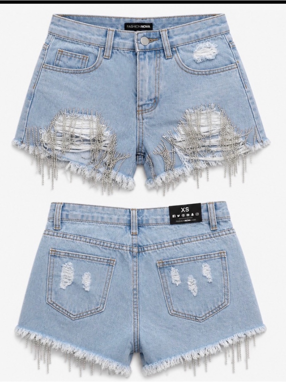 Fashion Nova Light Wash Rhinestone Fringe Distressed Denim Shorts
